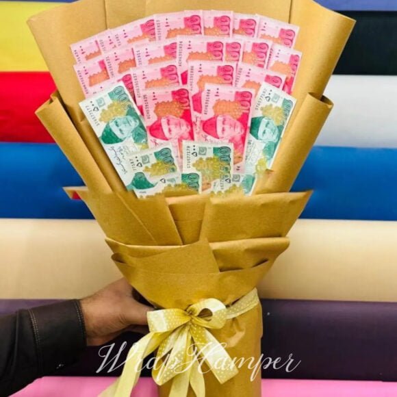 Golden Cash Bouquet with luxurious design, featuring real cash arranged elegantly for weddings, birthdays, and special celebrations in Pakistan.